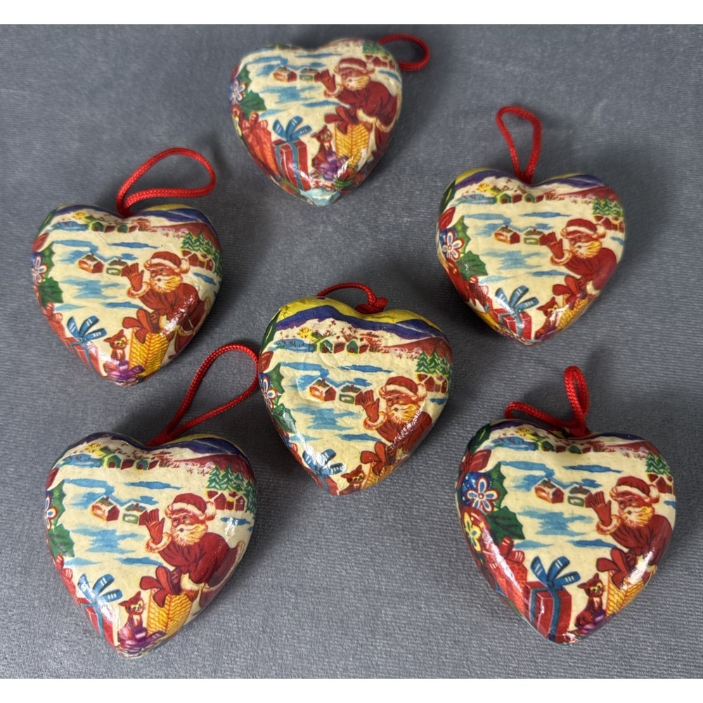 Christmas Ornaments Santa Claus Papier Mache Vintage Set of 6 Hearts